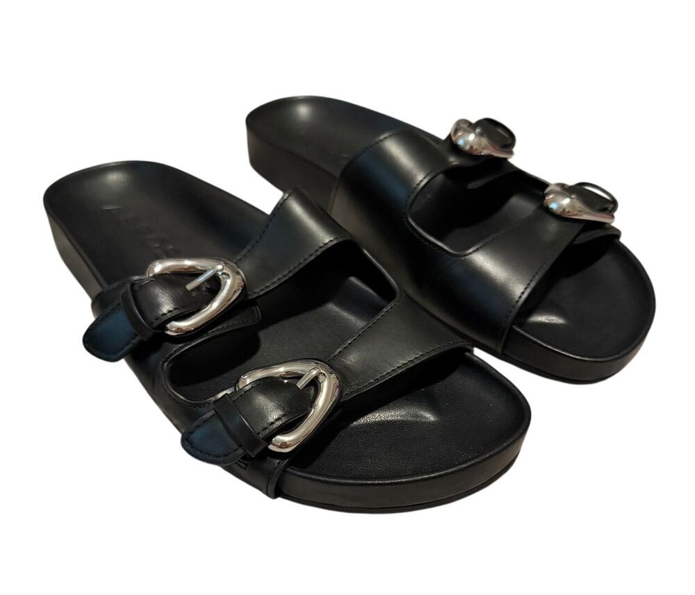 Aerosoles Link Buckle Leather Slide Sandals Black Size 9